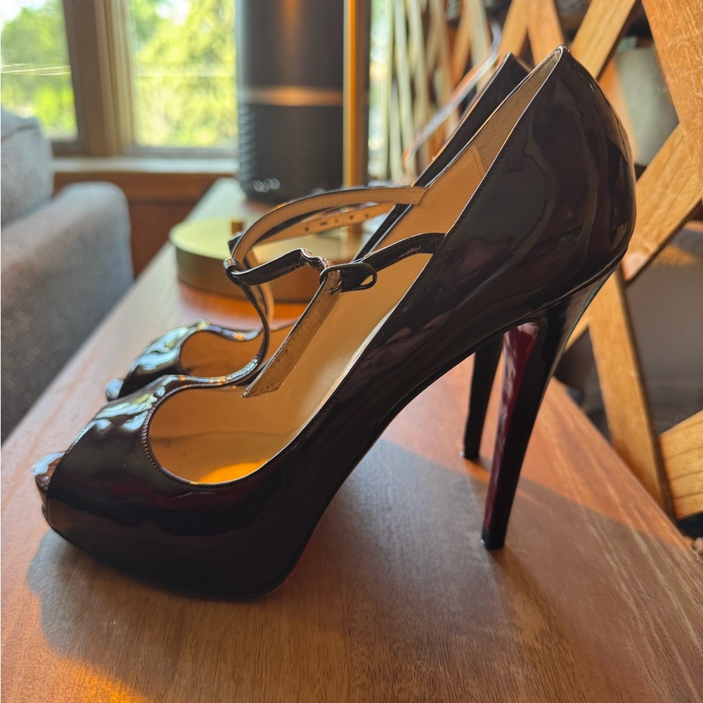 Christian Louboutin Glossy Burgundy Peep Toe, T-Strap Heels